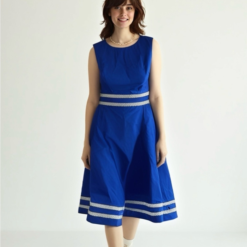 CALVIN KLEIN Women's Blue a-line sleeveless DRESS with pinstripe trim Size 10